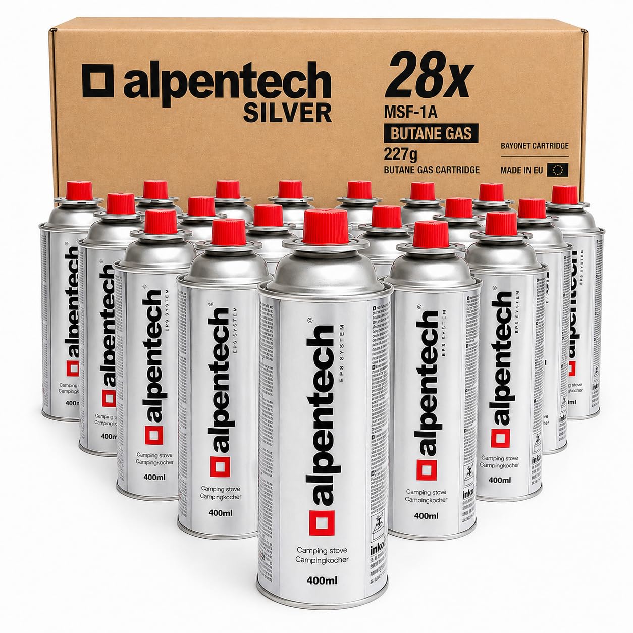 Alpentech Butan Schraubkartuschen EN417, 220 g, 28er Set | 400 ml, Gas-Stop-Ventil, EN417, für Campingkocher, Gasbrenner und Lötlampen