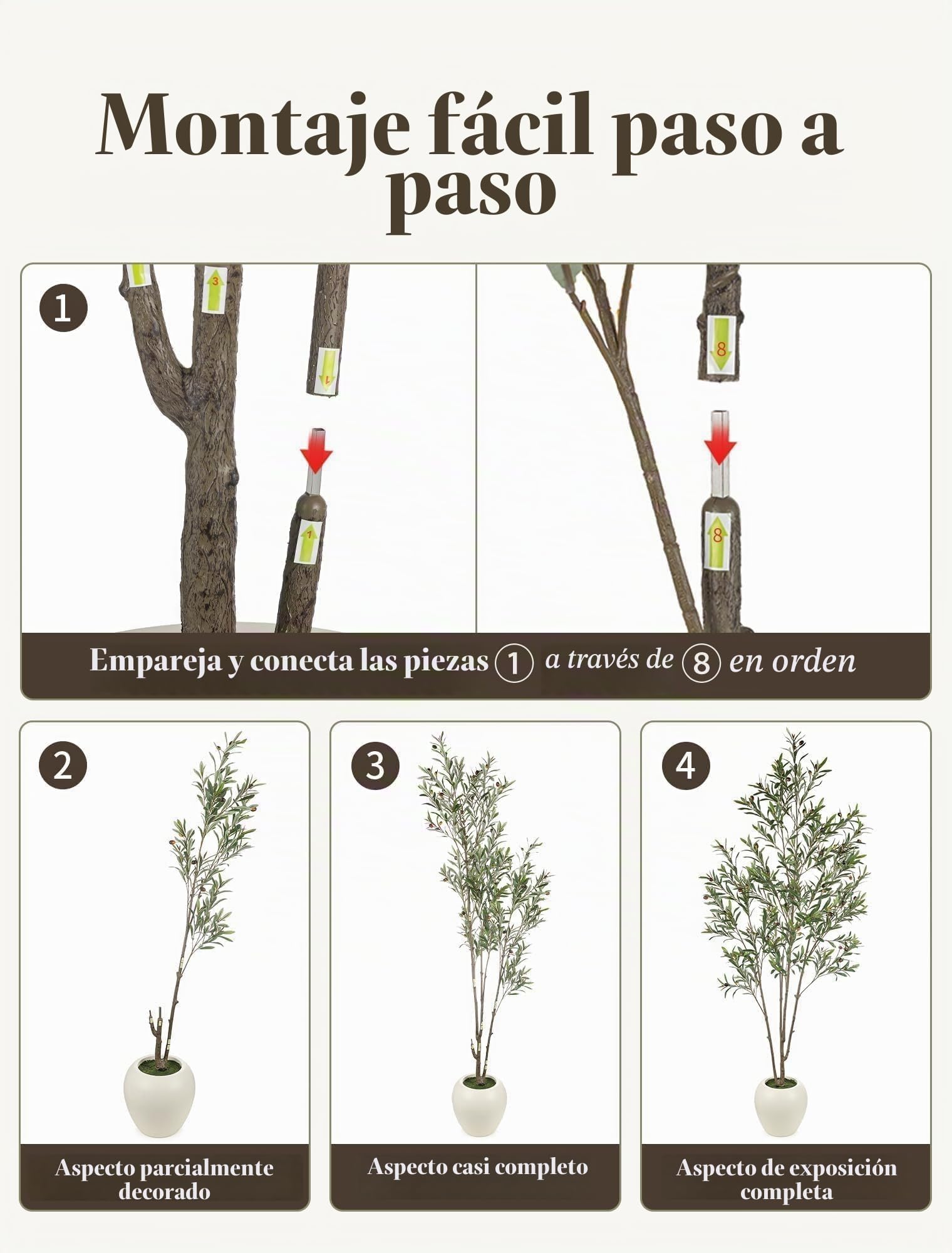 Olivo Artificial 210 cm con Maceta Blanca, Planta De Interior Alta
