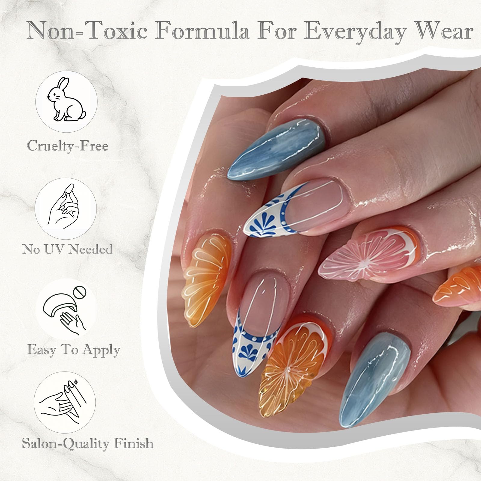 24PCS French Summer Press-On Nails with 3D Fruit & Floral Designs, Almond Shape Glossy Finish - Image 4