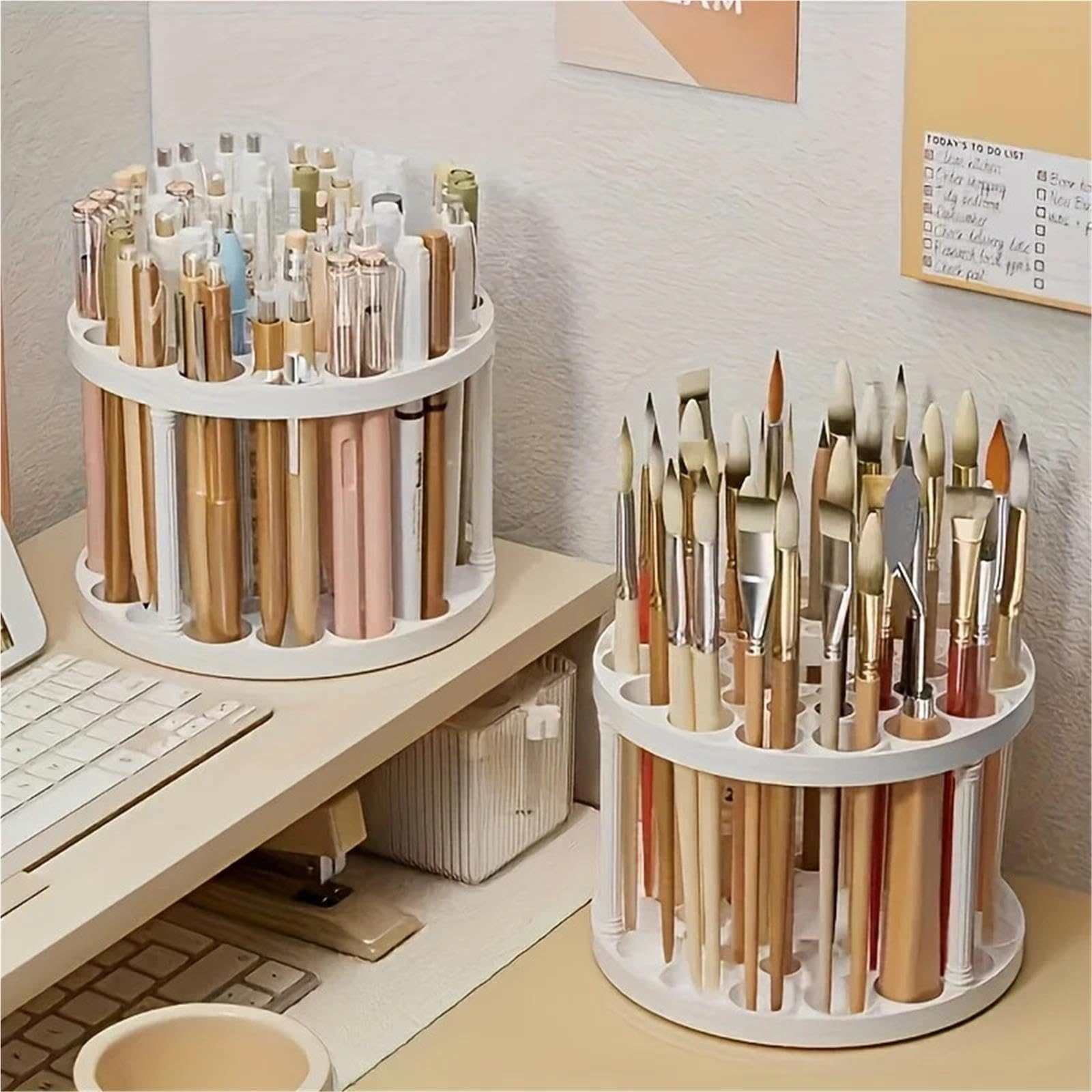 Organizer da Scrivania Rotante Portaspazzole rotante | Elegante organizer in plastica bianca for pennelli artistici, salvaspazio con finitura satinata