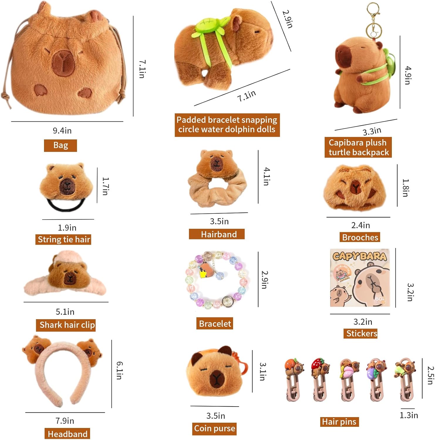Capybara Plush Gifts Set, Include Keychain,Slap Bracelet,Bag,Hair clip/tie/Pins,Brooches Pins,Coin Purse - Image 2