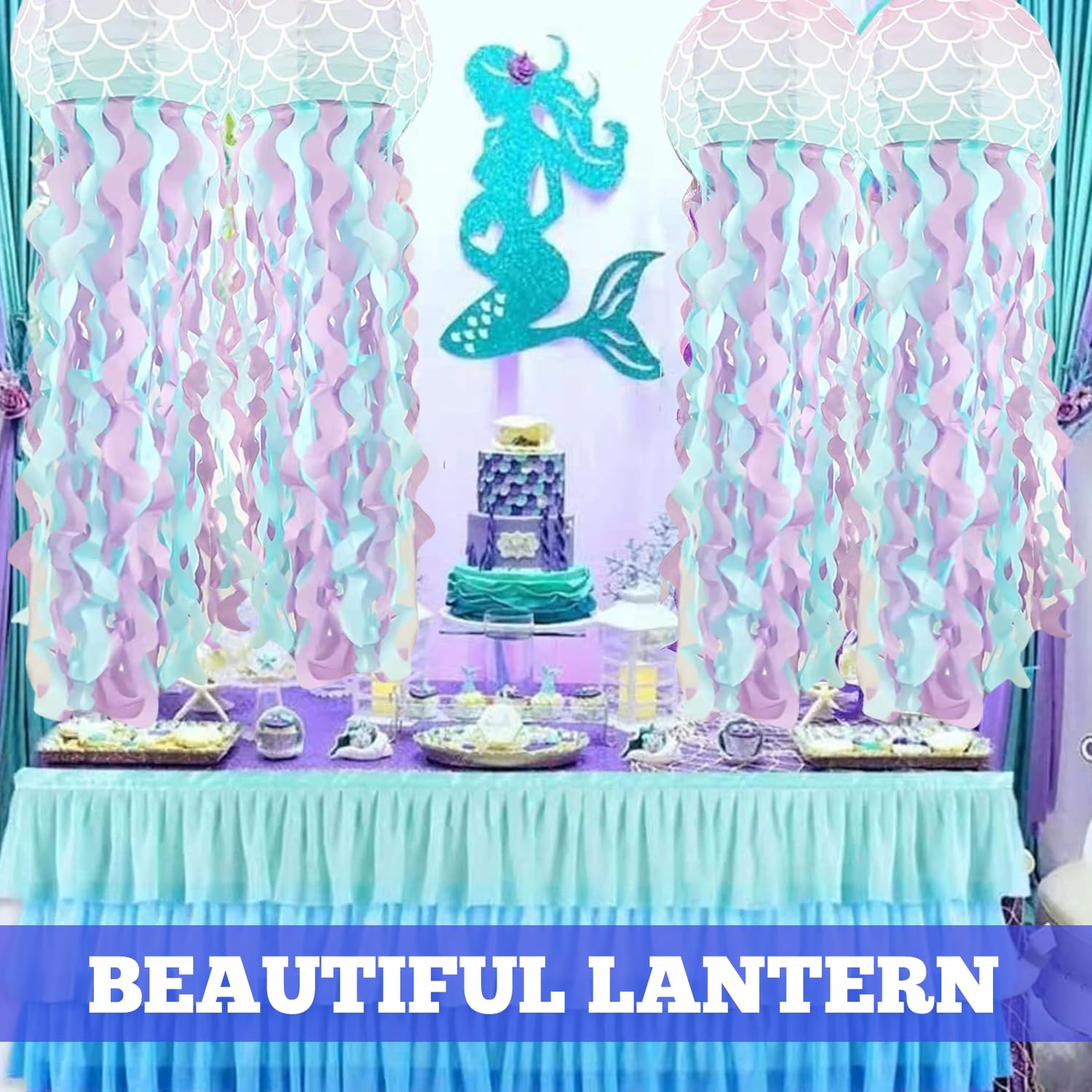 Linternas de Papel de Medusas: TOATELU 4 Piezas 25cm/10inch Linternas Decorativas de Sirena, Decoraciones de Fiesta de Cumpleaños, Suministros de Fiesta Temática del Océano
