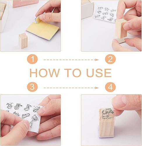 Miniatura 4 de CRASPIRE Sellos de goma de madera vintage con almohadilla de tinta y calcomanía, 12 piezas de sellos de goma montados en madera para manualidades,