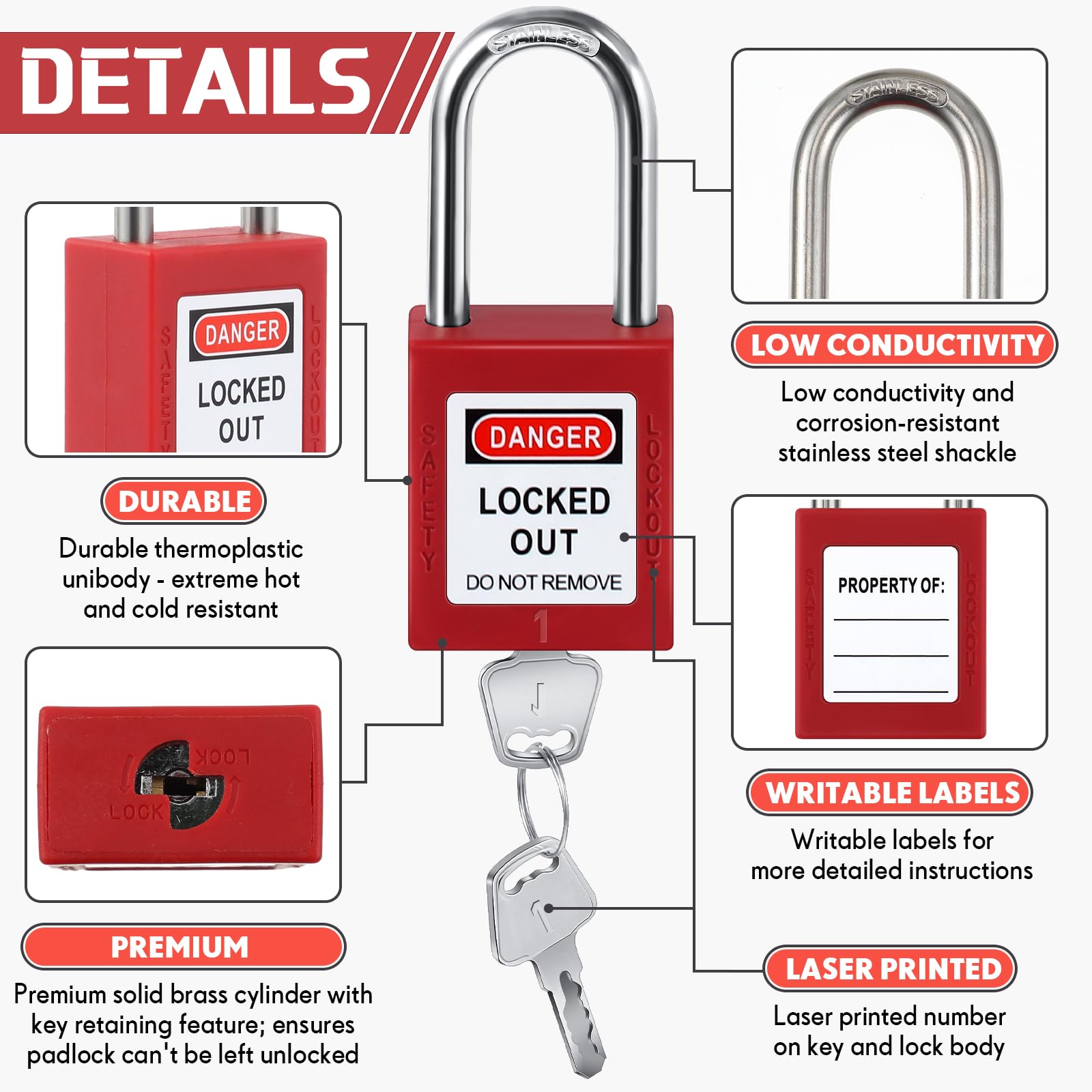 Landhoow Juego de 12 candados de bloqueo con diferentes llaves de seguridad, 2 llaves por cerradura, candados con etiqueta para estaciones de bloqueo eléctrico y kits de dispositivos (rojo)