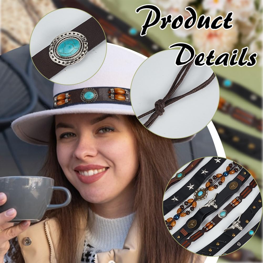 8Pcs Imitation Leather Cowboy Hat Strap 8 Styles Adjustable Western Beaded Cowgirl Hats Belt Replacement Strap Rodeo Headbands Rural Belts Ethnic Accessories for Women Men Black