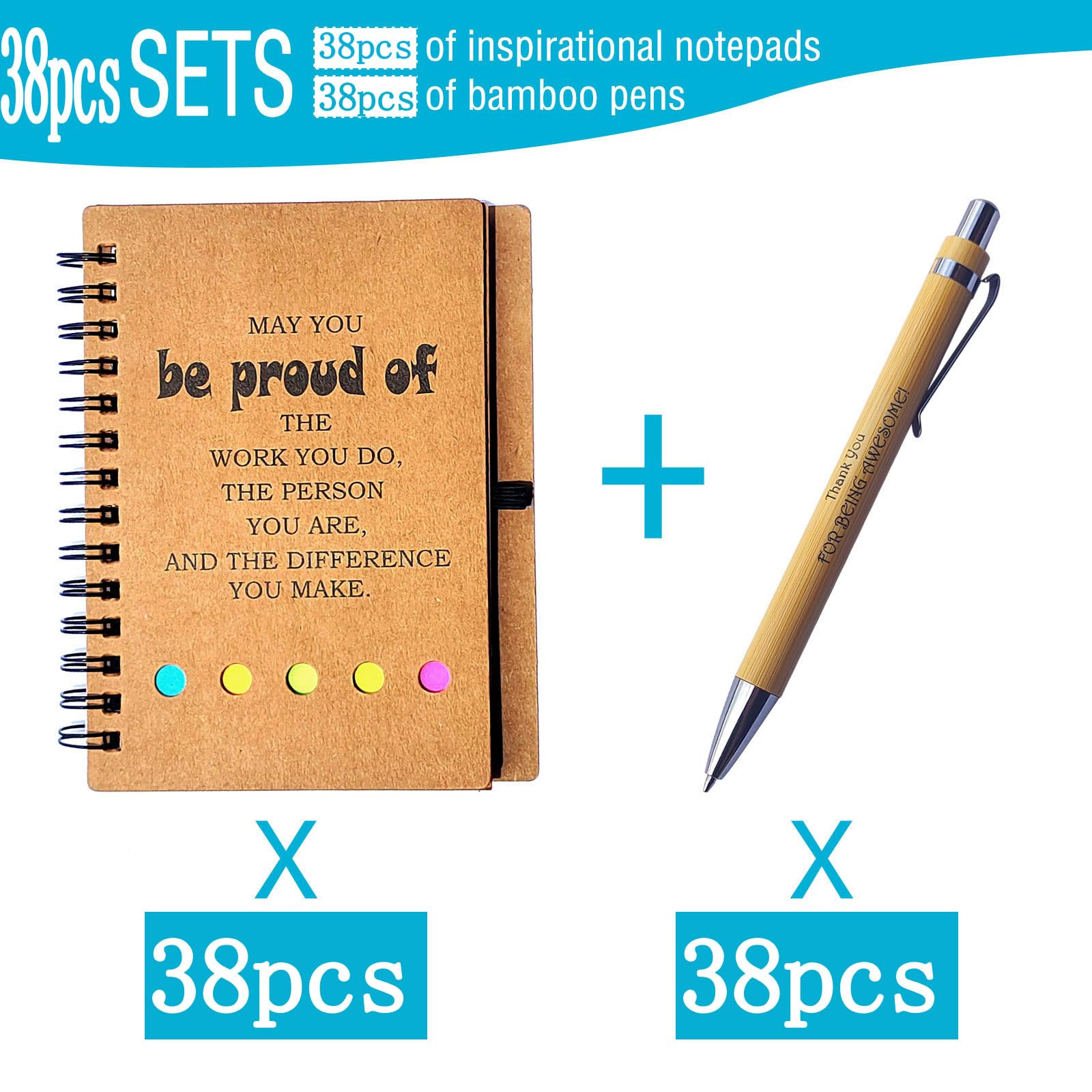 Riiriou 38 Sets Employee Appreciation Inspirational Spiral Journal With Sticky Note Notepad Motivational Bamboo Ballpoint Pen Bulk for Nurse Teacher Student Coworker Thank You Present (38pcs) - Image 2