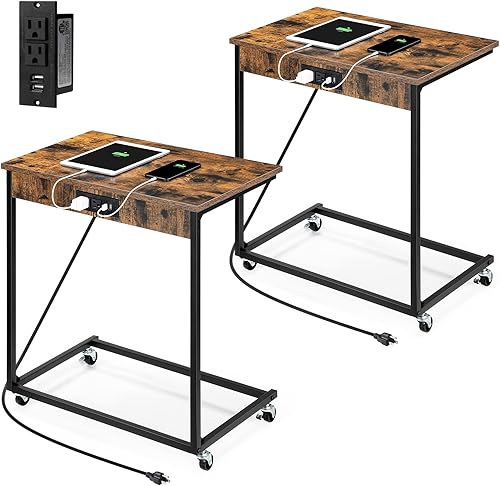 Miniatura 1 de Sunexinlo Mesa auxiliar en forma de C con estación de carga, paquete de 2 mesas auxiliares de 22.8 pulgadas de largo x 14.5 pulgadas de ancho x 26.1