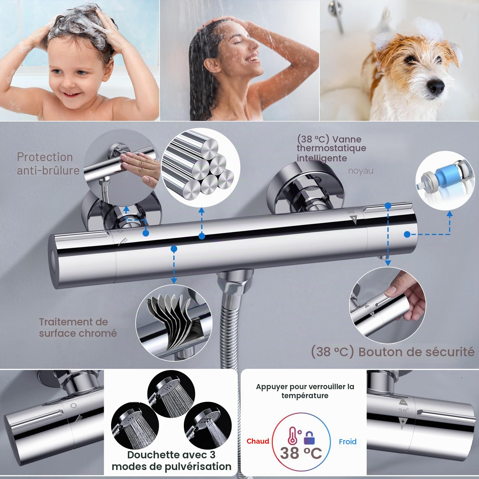 Mitigeur Thermostatique DETBOM pour Douche avec Sécurité Anti-brûlure 38 °C, Barre inox 70 cm, Pomme 3 Jets, Flexible 1,5 m et Support Réglable – Ensemble Complet Chrome