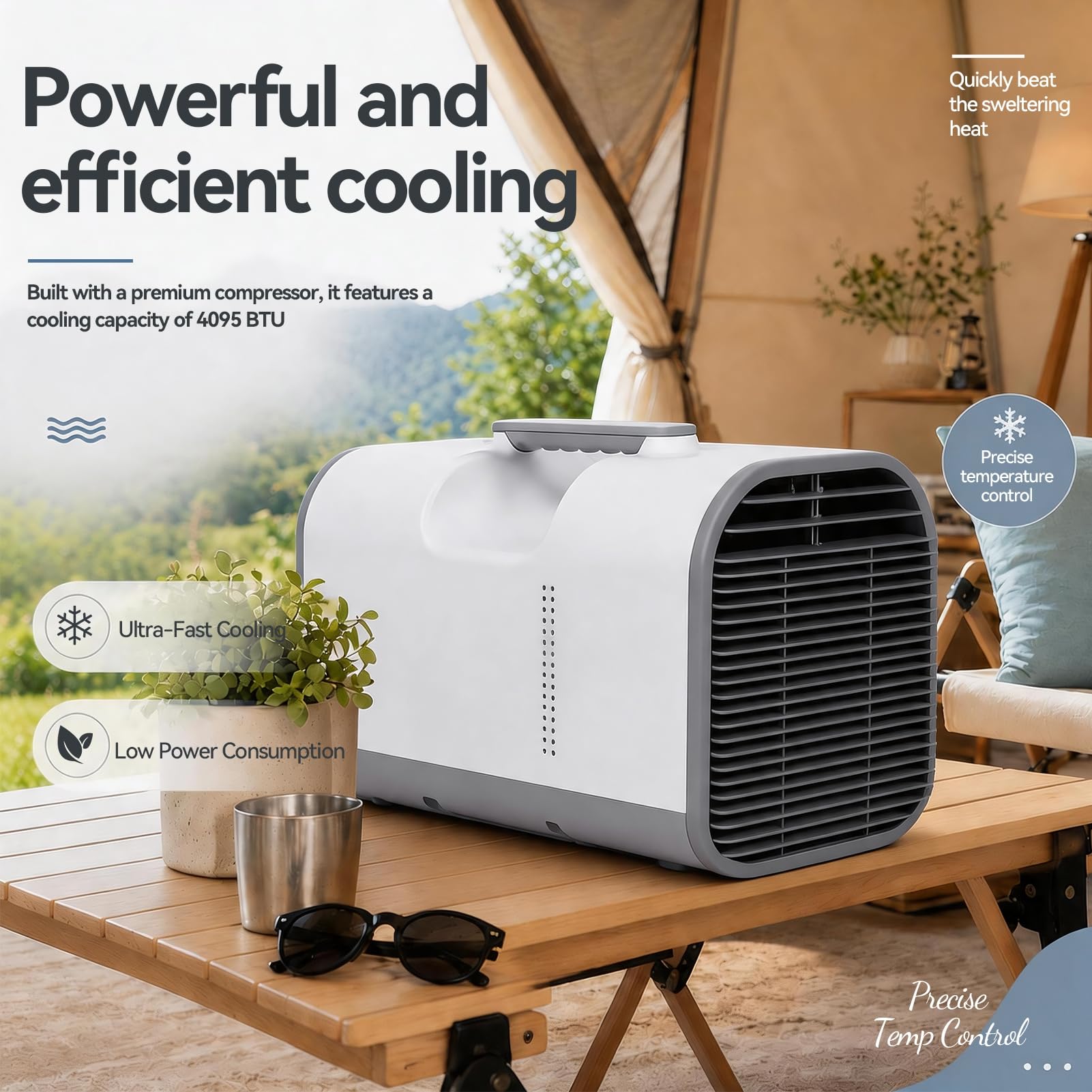 Condizionatore portatile 4000 BTU con compressore, ventola deumidificatore 4 in 1 per camper, telecomando e timer 24 ore, unità di raffreddamento rapido leggero 29 lb UE