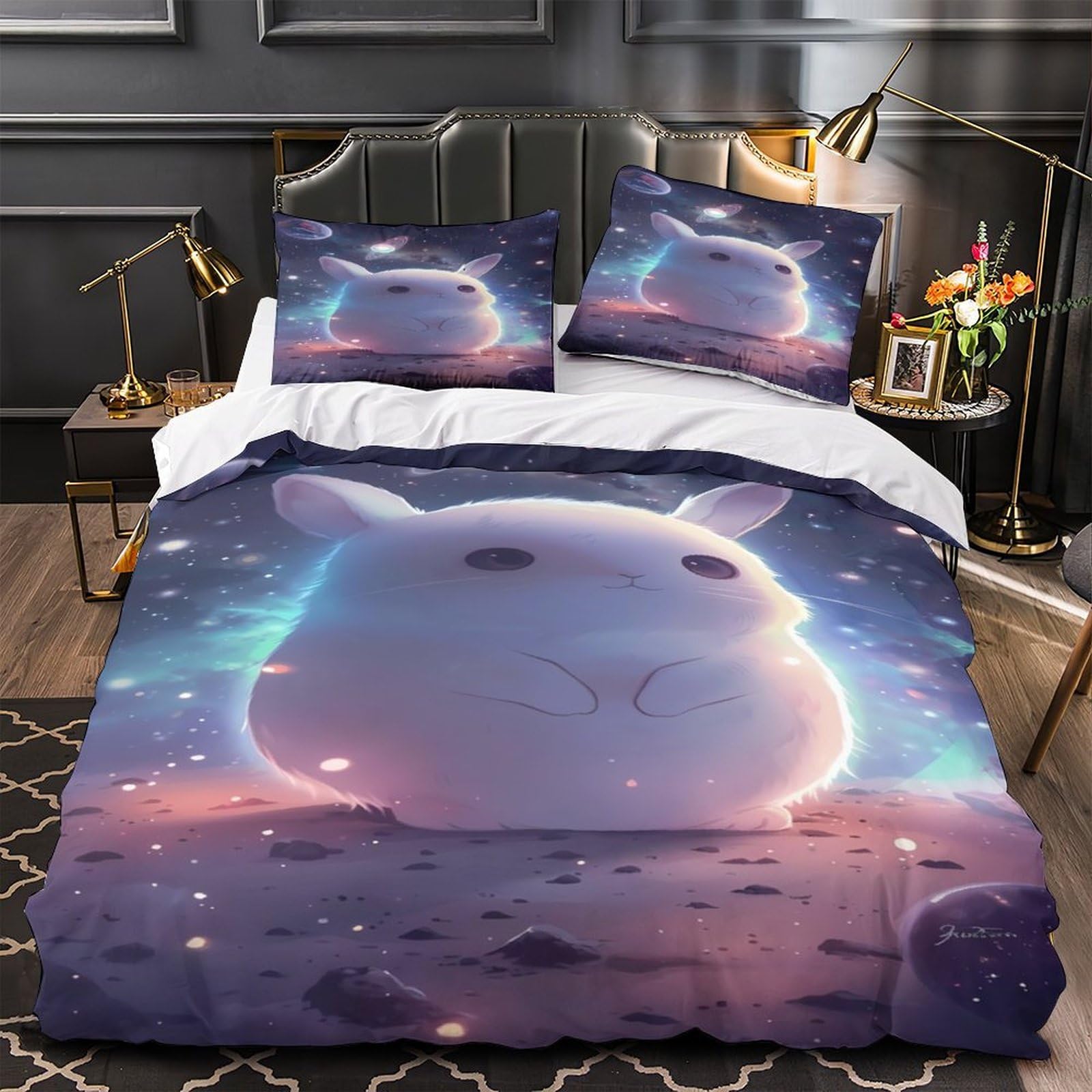 Linge de lit lapin mignon microfibre 200x200 anti-plis avec fermeture zipper