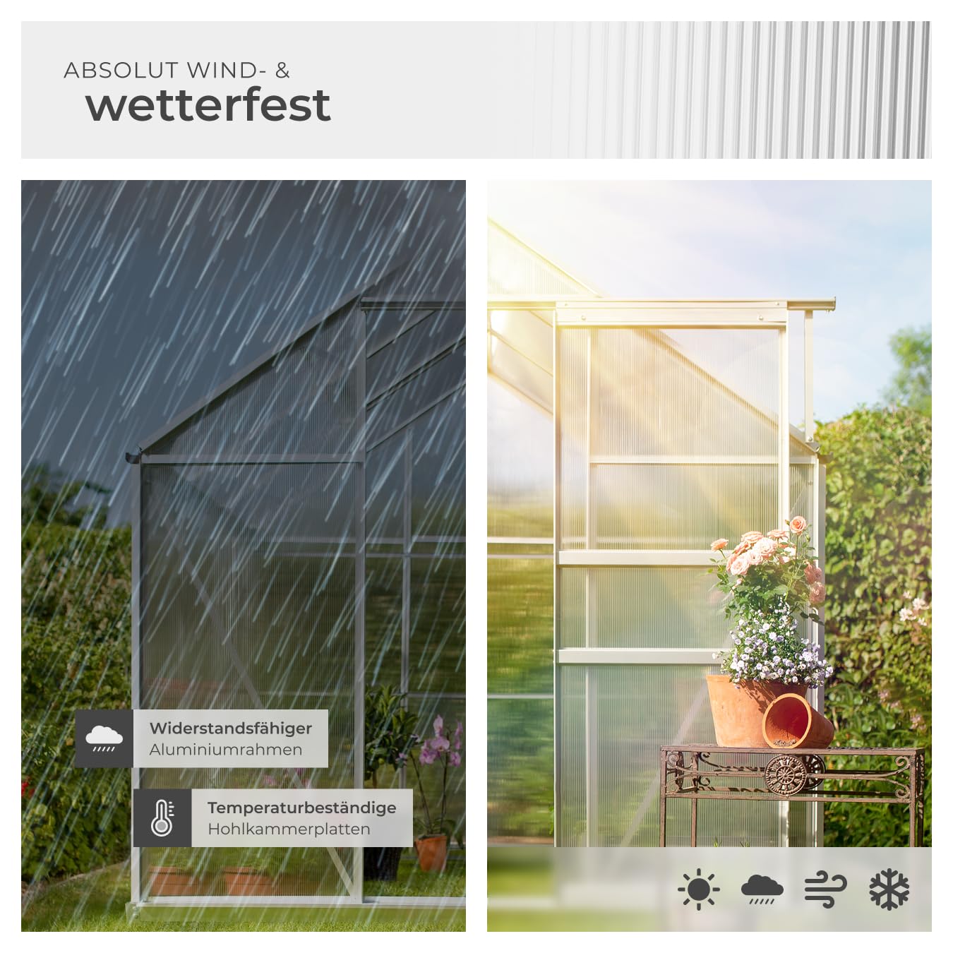 tectake® Aluminium Gewächshaus, 190x185x195 cm, Treibhaus, Tomatenhaus, Frühbeet, Pflanzenhaus, UV beständig, 4 mm Platte, Schiebetür & Dachfenster, Schutz vor Kälte, Regen und Frost - ohne Fundament
