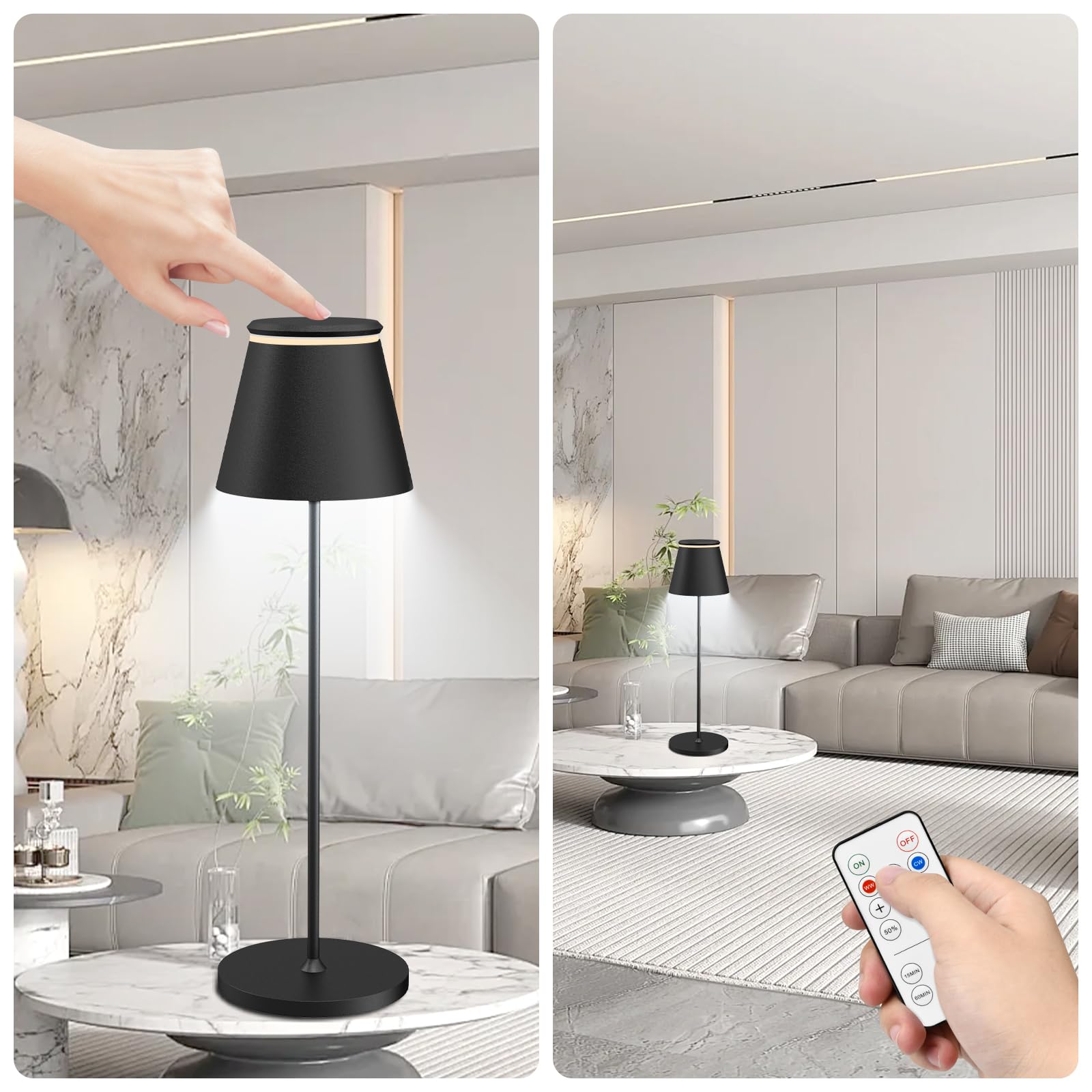 Lot De 2 Lampes De Table LED Rechargeables Sans Fil - Avec Station De Charge, Télécommande Et Minuterie - Noir