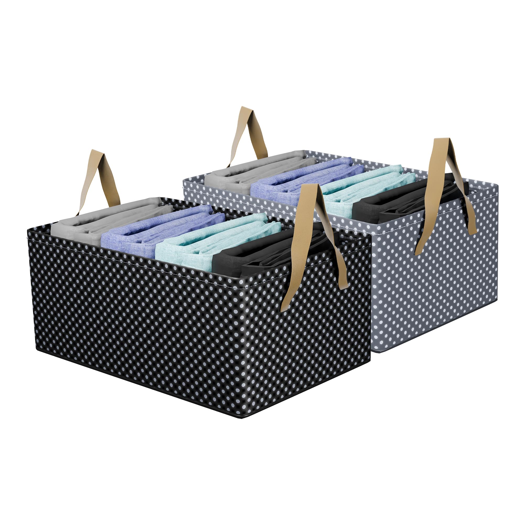 Kuber Industries Pack of 2 Wardrobe Organizer | Parachute Storage Box Clothes | Drawer Organizer with Handles | Foldable Metal Frame Storage Baskets for Clothing | Dot Print | Black & Grey