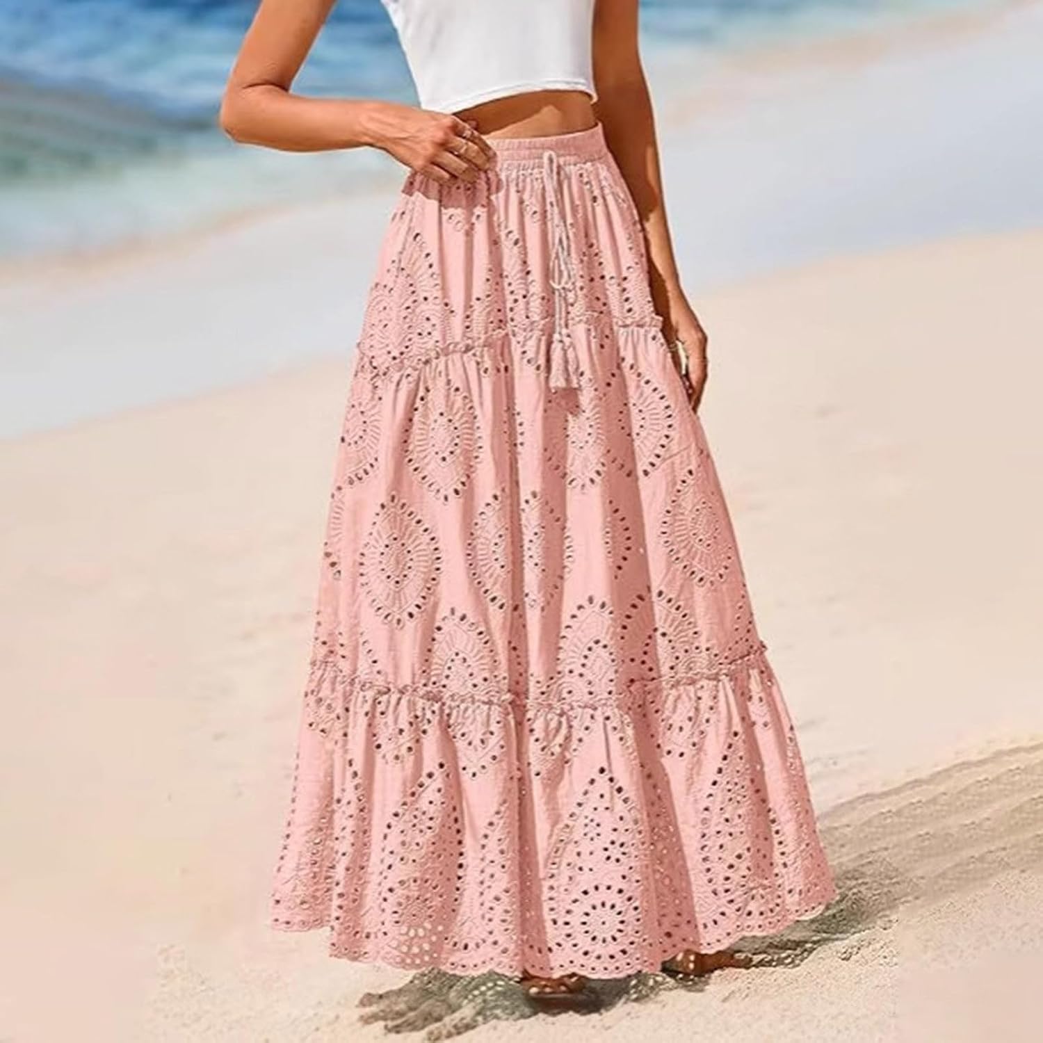 Women's Boho Elastic Waist Crochet Eyelet Embroidered Tiered Flowy A-Line Maxi Skirts Spring Summer 2026