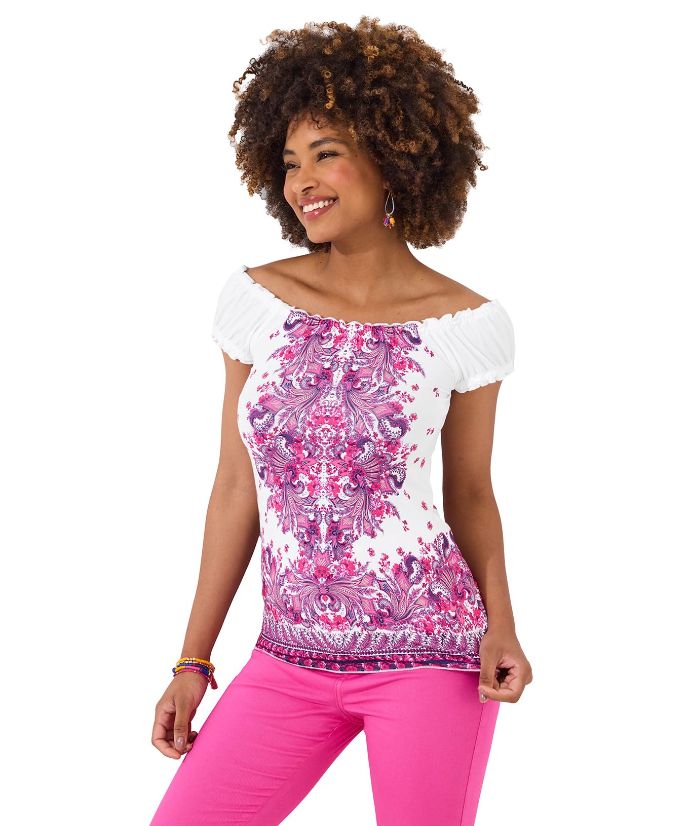 Joe Browns Women's Fashion Bright Boho Elasticated Jersey Top, Pink, UK 16