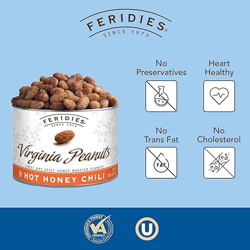 Miniatura 4 de FERIDIES - Cacahuetes Virginia sazonados con chile de miel caliente, lata resellable de 18 onzas de cacahuetes Virginia tostados con miel gourmet
