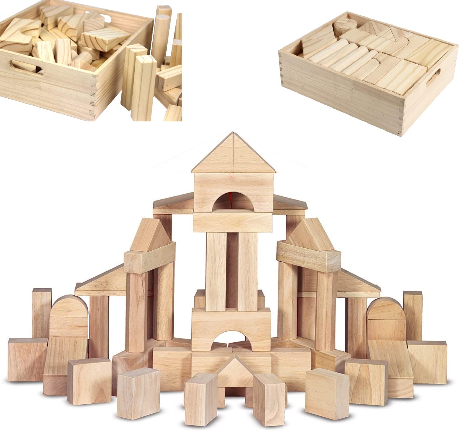 MOD Complete Extra Large Size - 64 Piece Set Children's Wood Building Blocks with Solid Wooden Storage Tray Holder- Made from Solid Organic BPA-Free Natural New Zealand Pinewood