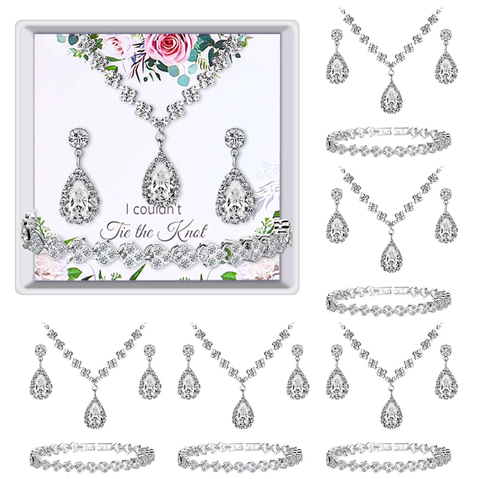 Remuuly 6 Bridesmaid Jewelry Sets for Wedding Teardrop Rhinestone Earrings Necklace Bracelet with Card Bride Wedding Gifts