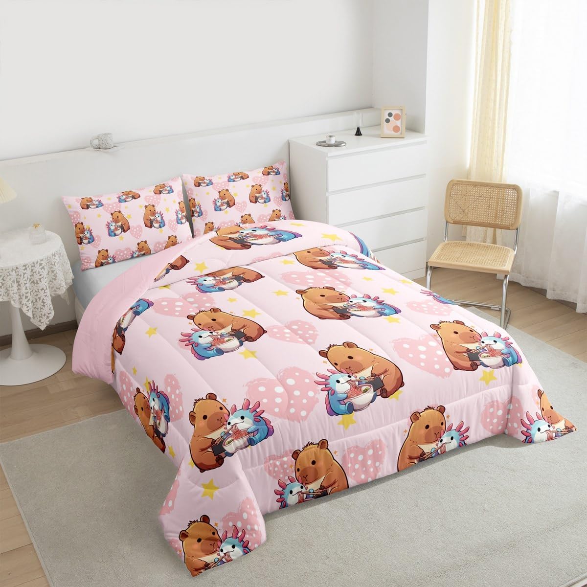 Erosebridal Cute Capybara Pink Bedding Set for Girls, Axolotl Queen Comforter Set for Kids Boys Women Men Bedroom, Capybara Feeding Noodles to Salamanders Comforter, Star Polka Dot Love Heart Quilt
