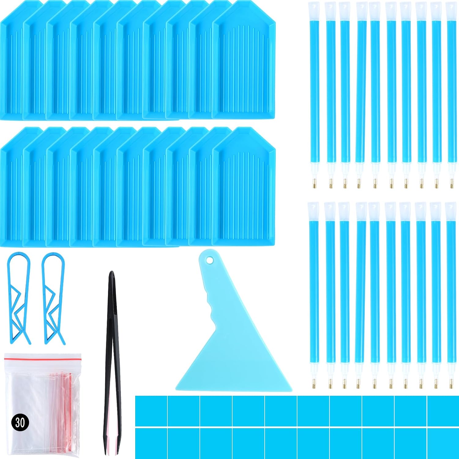 QYING 94PCS Blue 5D Diamond Art Painting Tools and Accessories Kits,with 20 Plastic Diamond Trays,20pcs Glue Clay,20 Diamond Art Painting pens,Non-Slip Clips,tweezer,and Diamond Crreection