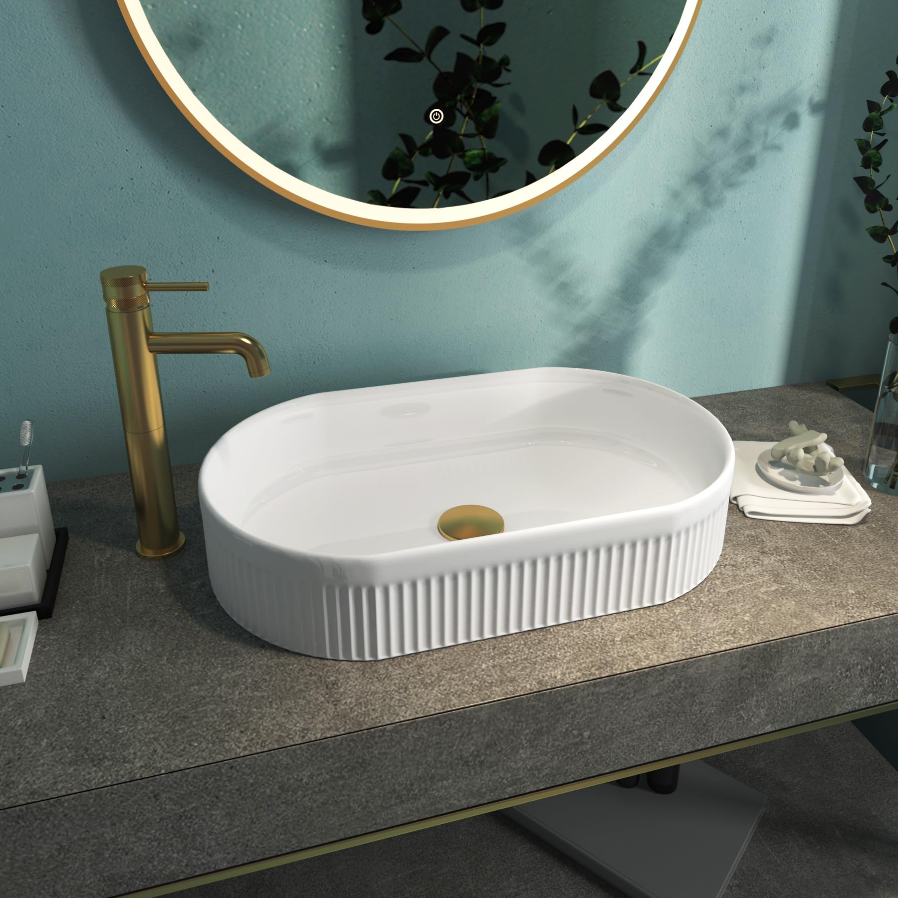 Royal Bahtrooms White Ceramic Counter Top Basin Sink Round Vessels 480mm Sit On Worktop