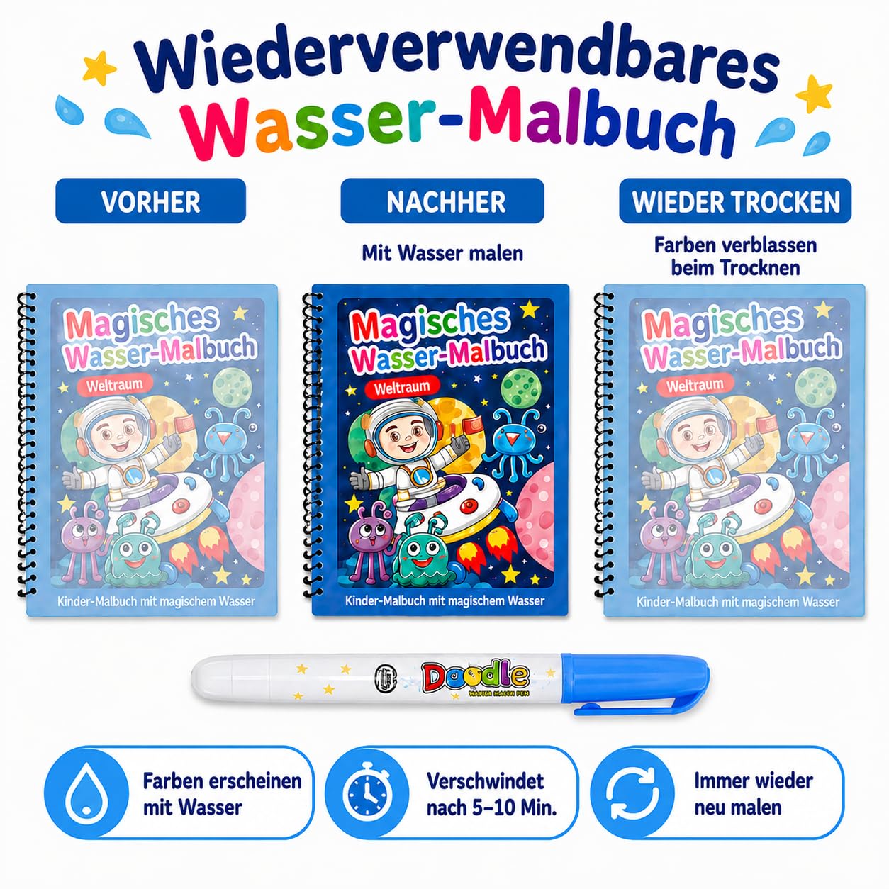 8er-Wassermalbuch-Set mit 8 Wasserstiften, 8 Themen, für Reisen ab 3 Jahren | Nur mit Wasser malen; nach dem Trocknen wiederverwendbar; einzeln verpackt zum Teilen, Mitnehmen und Verschenken