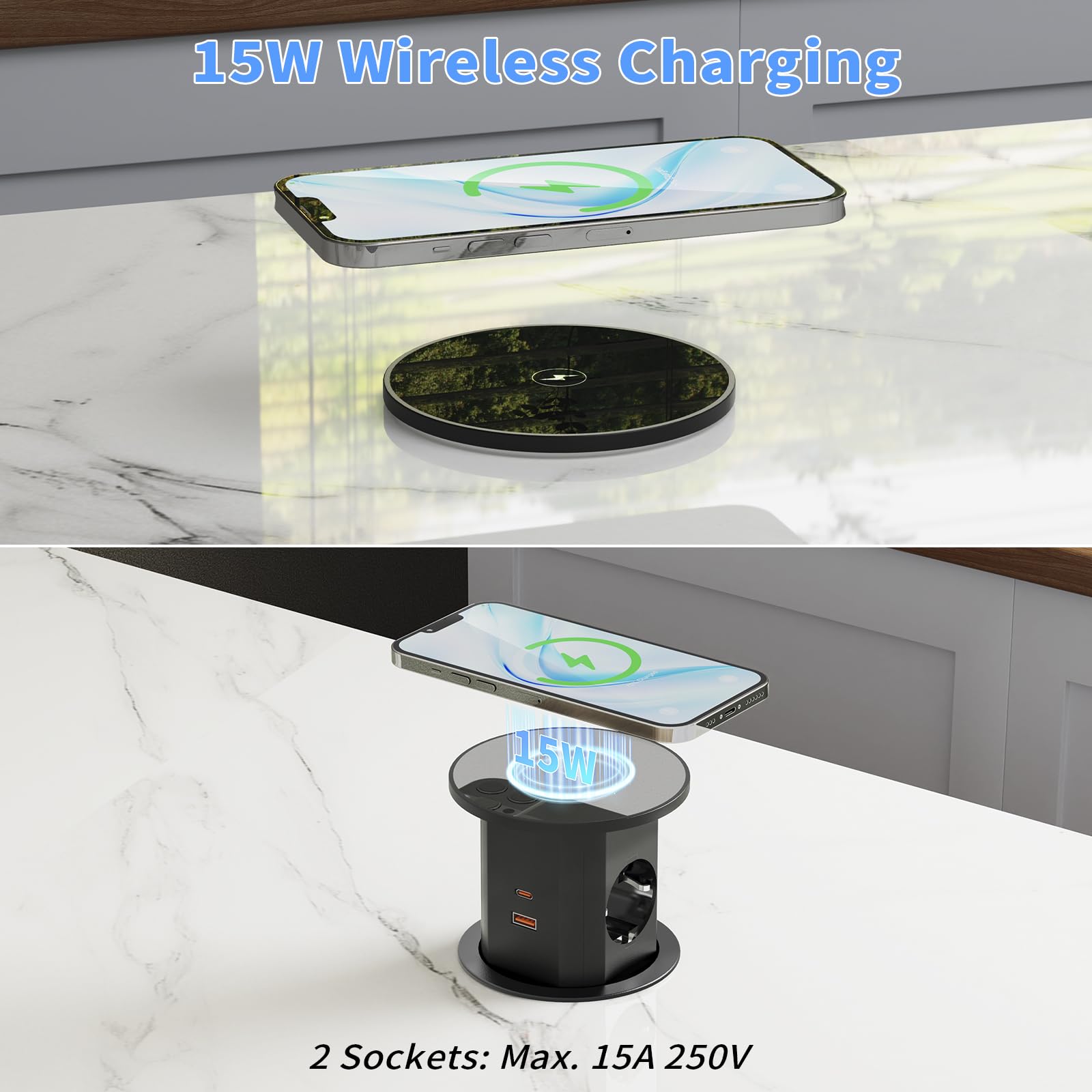 Versenkbare Steckdose mit 15W kabellosem Laden, USB-C PD 20W, Ø85 mm | 2 Schuko, 2 USB-C, 2 USB-A je 18W, Überlastschalter, 1,9 m Kabel, für Schreibtisch, Küche und Arbeitsplatte