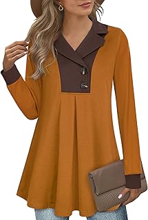 Women's Swing Tunic Notch Collar Ladies Button Sweatshirt Long Sleeve Pullover Shirt Tops