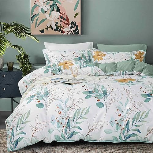 ETDIFFE Edredón floral tamaño King juego de cama de 3 piezas con diseño de hojas verdes sobre jardín botánico blanco suave y ligero para todas las