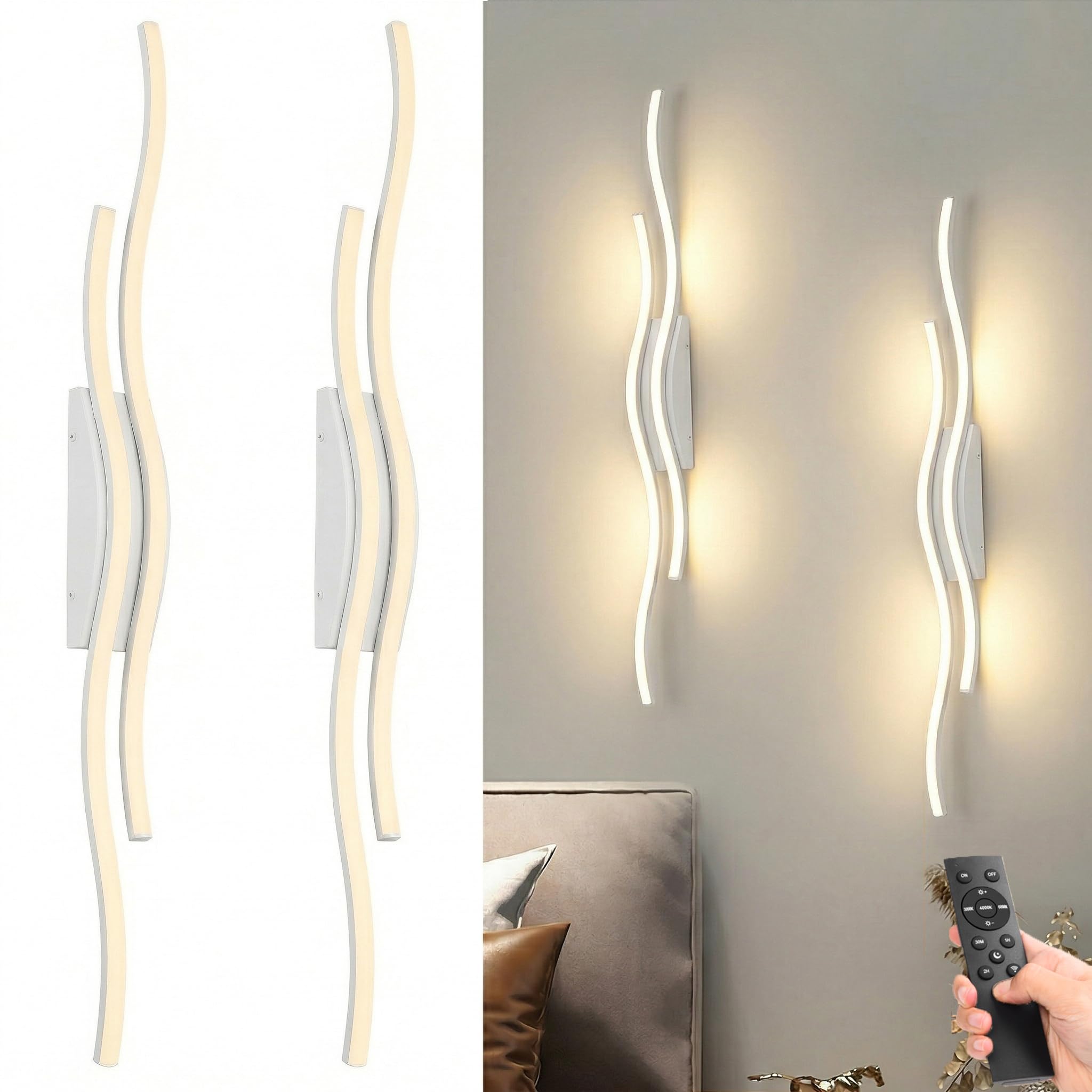Wandleuchte Innen mit Akku 100 cm, 2er Pack Dimmbar mit Fernbedienung | Timer, kabelloses Wellen-Design Wandlampe für Wohnzimmer, Schlafzimmer, Flur und Treppenhaus(Weiß)
