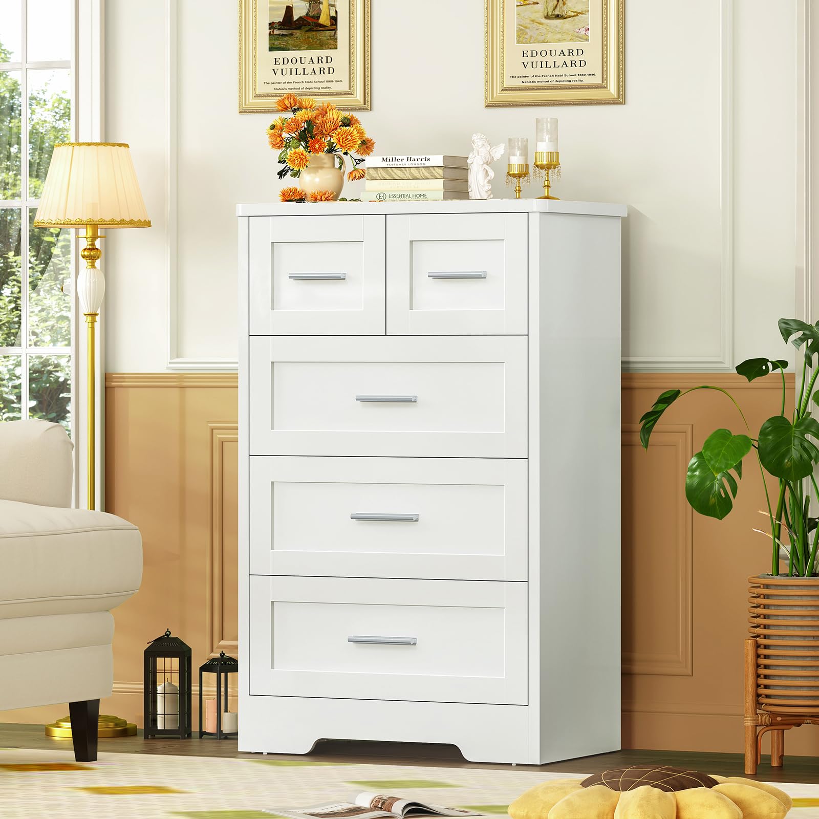 Comoda Dormitorio 5 Cajones Blanca, Cómoda y Cajonera Multifunción para Dormitorio - Sinfonier Blanco de Gran Capacidad, Ideal para Salón y Entrada, 60x35x96.5 cm