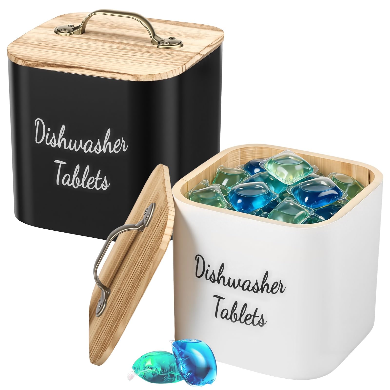 Yunyouc Black+White Wooden Laundry Pods Container With Lid, Black Square Dishwasher Tablet Storage Box, Detergent Pod Holder For Laundry Room, Storage Container For Washing Pods, Bath Bombs(Black+White)