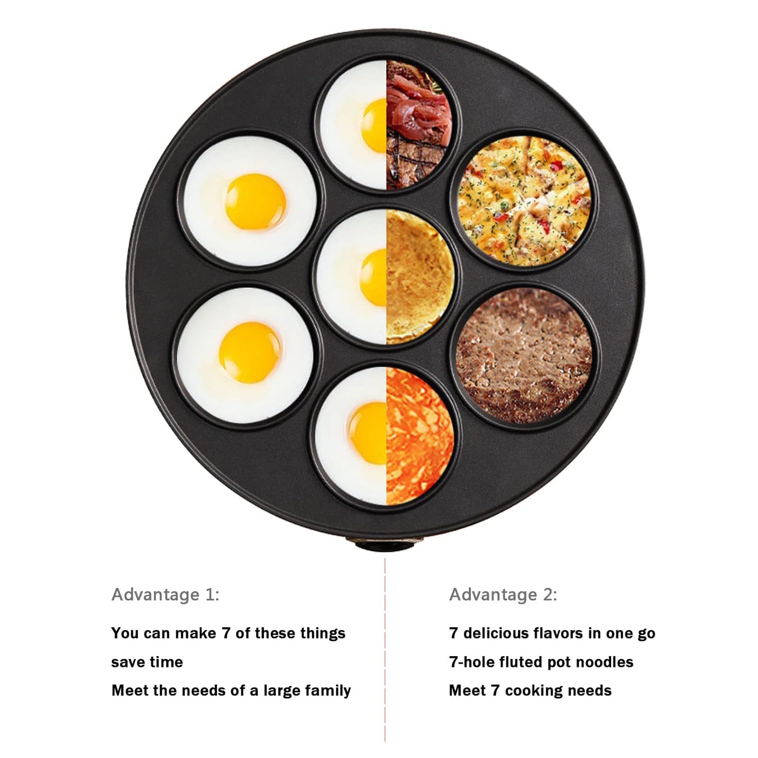 7-otworowa skillet elektryczna, regulowany omlet tymczasowy, nieprzywieradła do kanapek do hamburgerów, równomierne ogrzewanie, kompaktowe przechowywanie