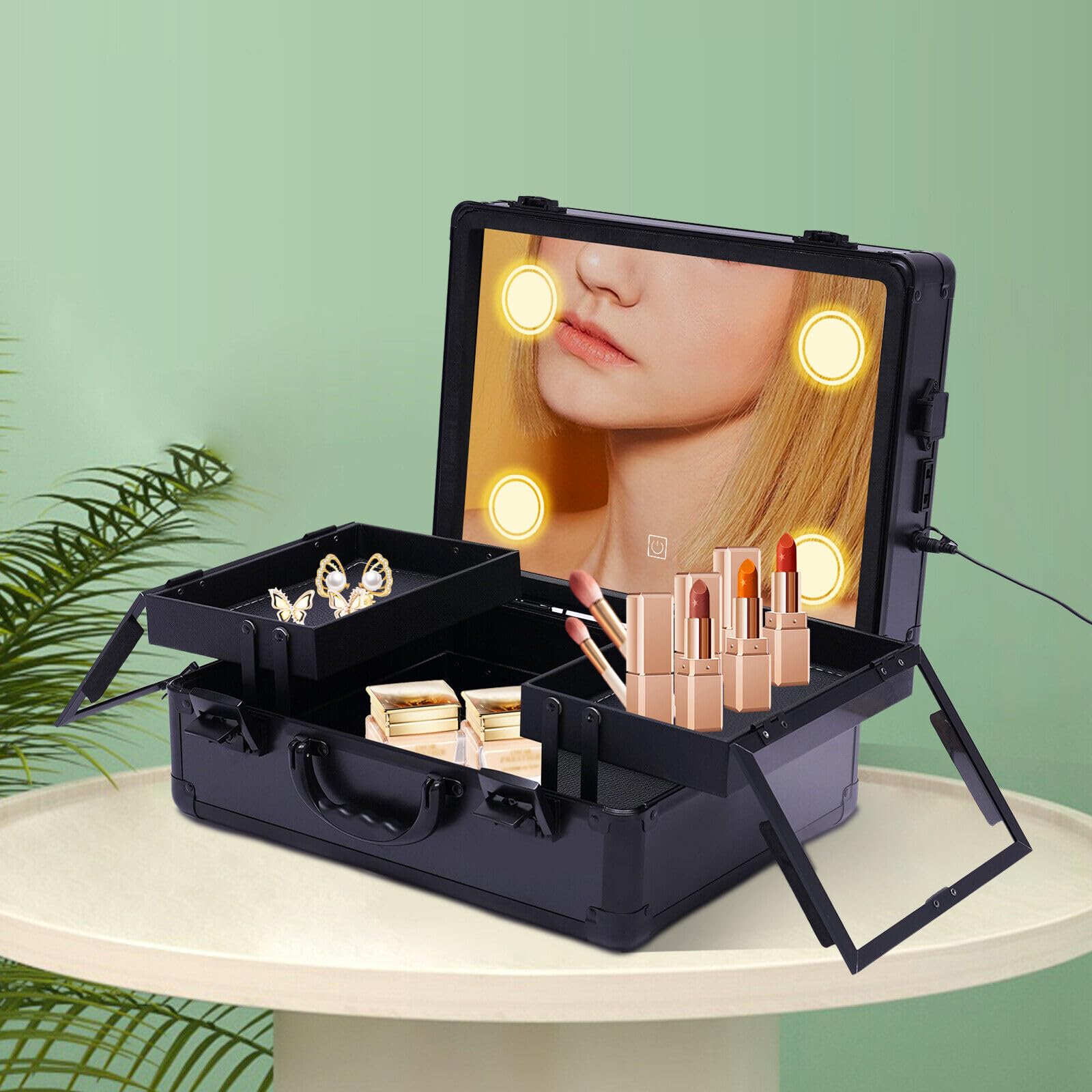 Cosmetic Makeup Case Professionelle Kosmetikbox Organizer Schminkkoffer Kosmetikkoffer Schmuckkoffer Friseurkoffer Beauty Case, mit 4 LED Licht, zum Aufbewahren Aller Arten von Kosmetika (Schwarz)