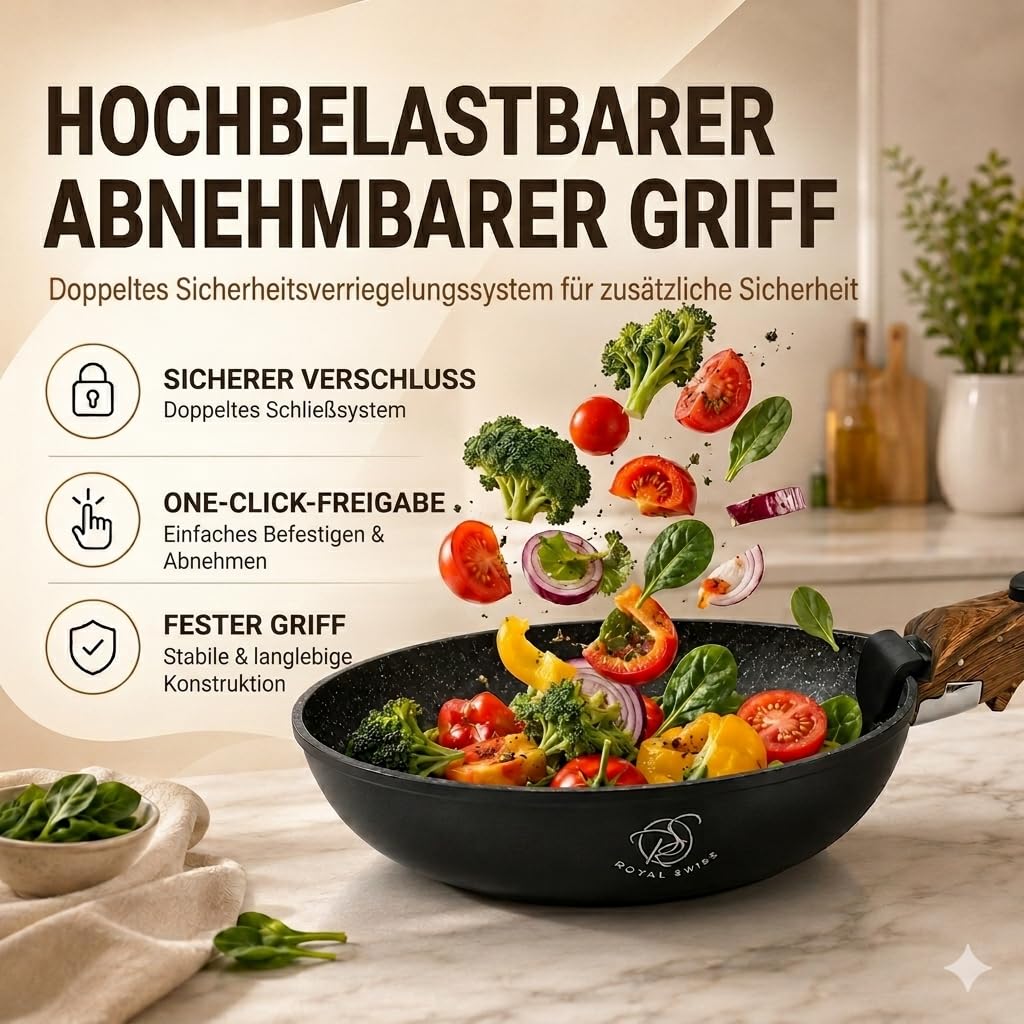 Royal Swiss PFAS-Freies 3-Teiliges Bratpfannenset für Gesundes Kochen, Aluminium Antihaft Space-Saving Pfannenset Abnehmbarer Griff - Induktions- & Ofenfest, Stapelbares Design, Schwarz