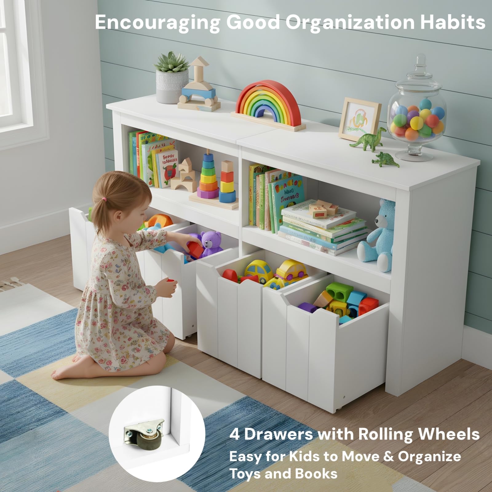Meuble Rangement Enfant avec 2 Compartiments et 4 Tiroirs Roulants, Meuble de Rangement Jouets Enfant Bibliothèque pour Salon Chambre d’Enfant Salle de Jeu (Blanc, 120 x 33 x 61.5 cm)