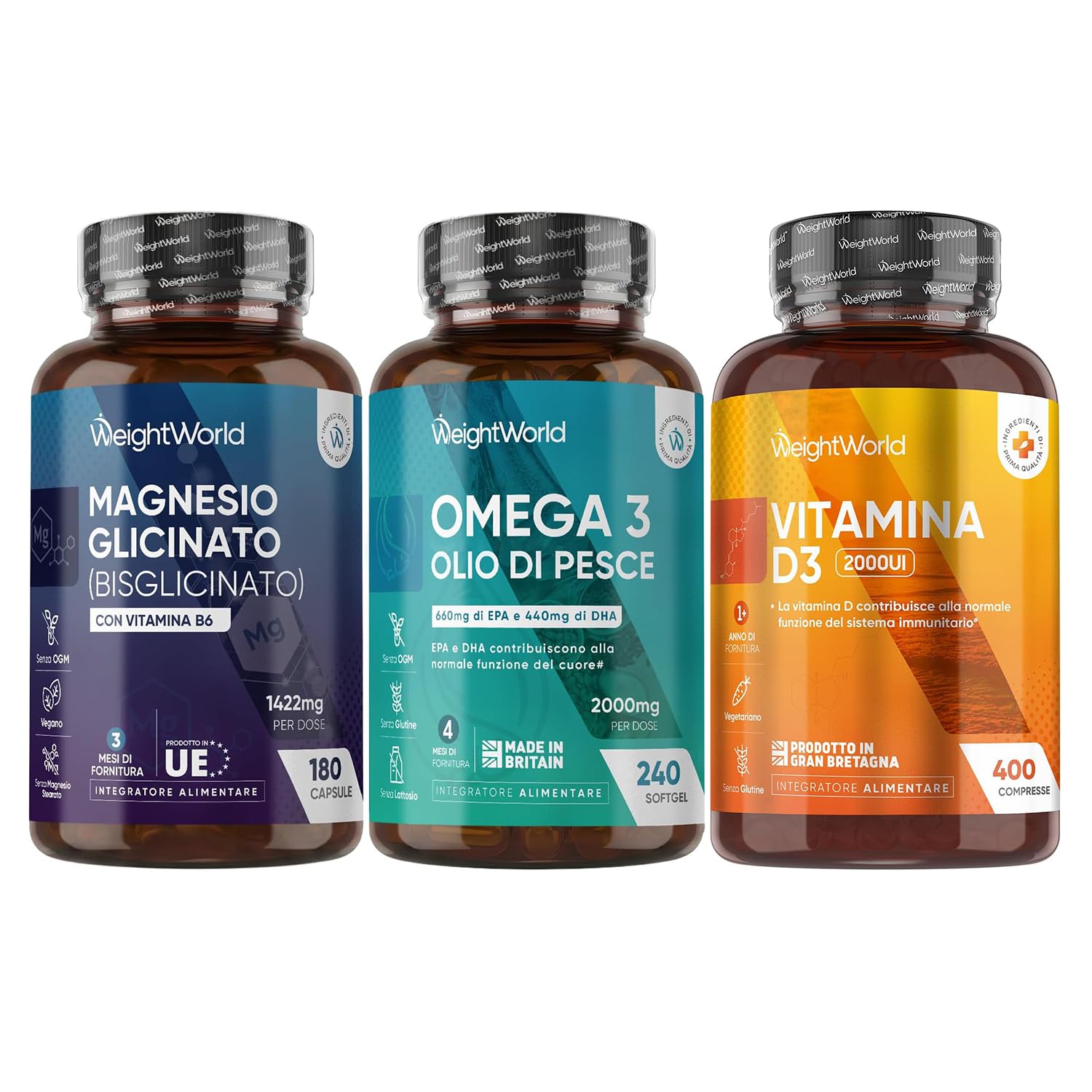 Magnesio Bisglicinato 1422mg, Omega 3 Olio di Pesce 2000mg, Vitamina D3 2000 UI Bundle, Magnesio Glicinato con Vitamina B6, 660mg EPA e 440mg DHA, Integratore Omega3 Fish Oil, Colecalciferolo (50mcg)