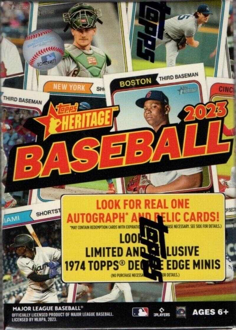 2023 Topps Heritage MLB Baseball Factory Sealed Blaster Box. 8 Packs of 9 Cards. Chase Possible Deckle Edge Minis, Hidden Gems, Real One Autographs and relics of a generational rookie class. See Scans for more info on this great product.