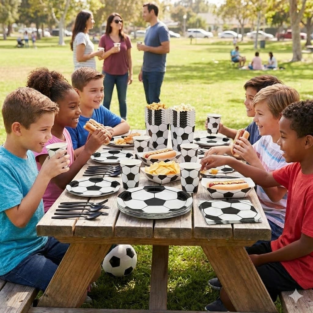 Soccer Party Supplies for 10 – 114 Pcs Set with Dinner & Dessert Plates, Cups, Napkins, Cutlery, Straws, Popcorn Boxes & Snack Trays | Disposable Sports Birthday Party Tableware