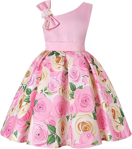 2-9T - Vestido de fiesta formal con volantes florales a rayas para niñas y niñas