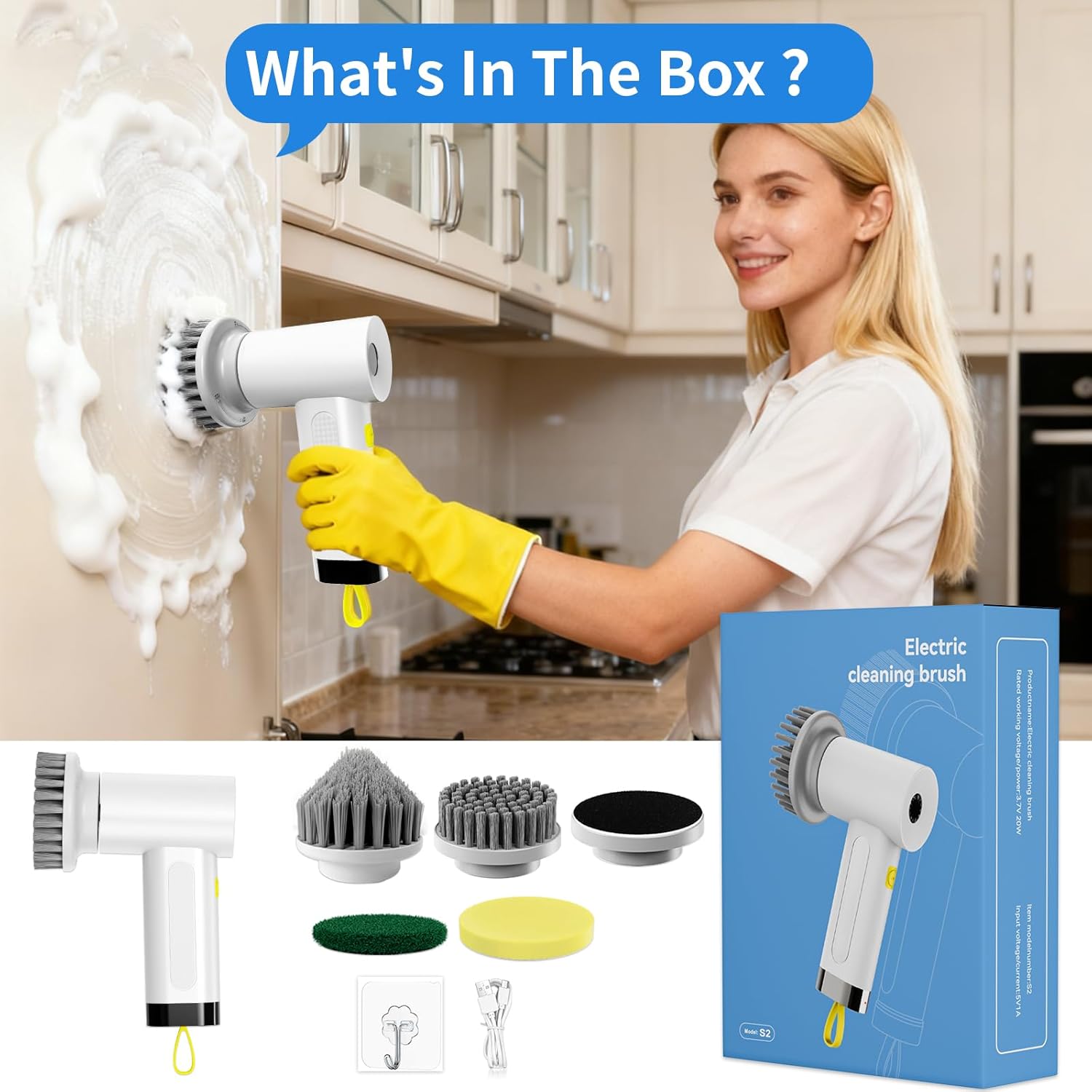 3000mAh Cordless Electric Spin Scrubber, 20W High-Torque IPX7 Waterproof Cleaning Brush with 6 Replaceable Heads, Dual Speed 150-180 Mins Runtime for Kitchen Bathroom Car