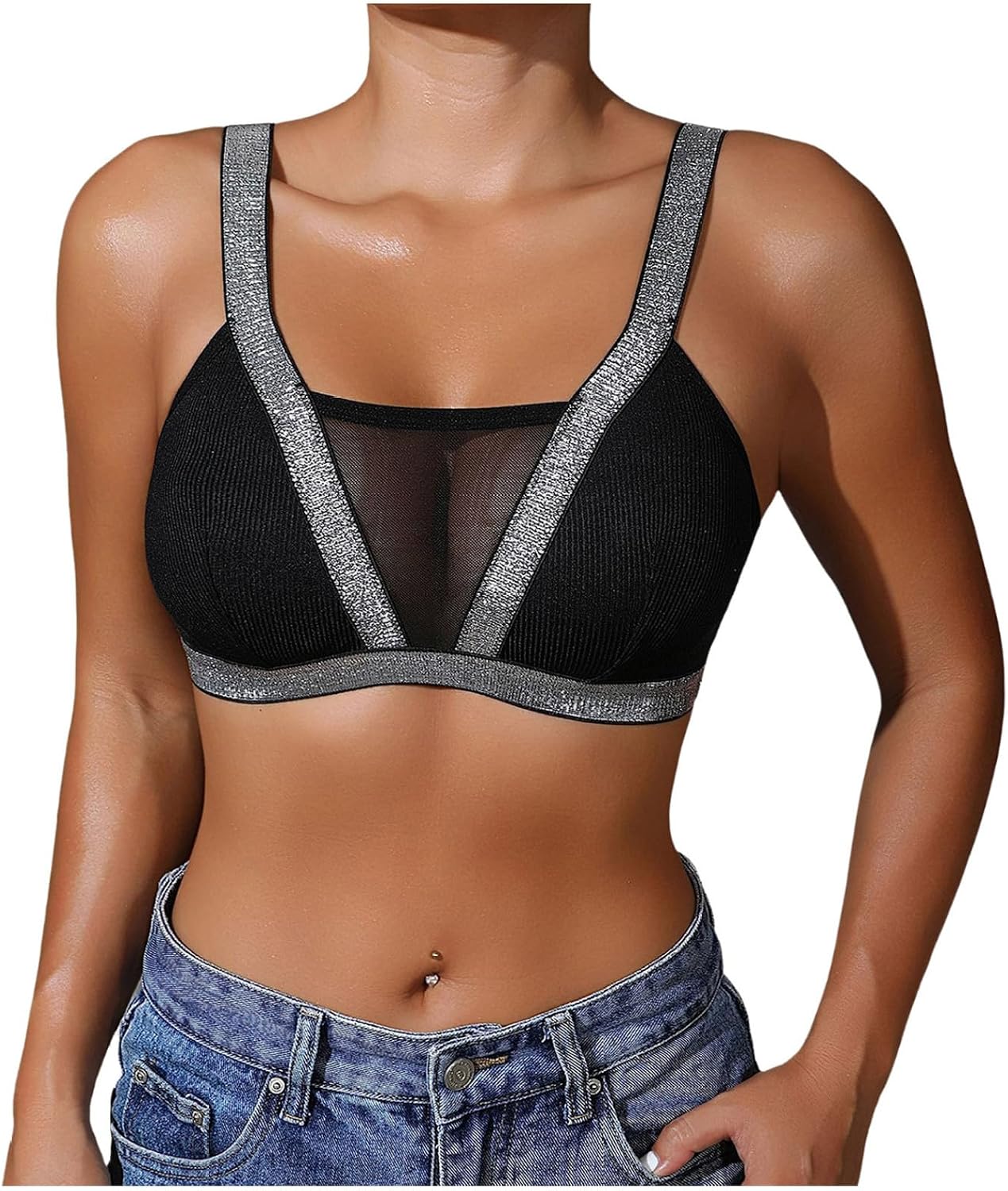 Women Sparkle Glitter Yoga Bra Push Up Workout Bralettes Mesh Pilates Rave Stretchy Mesh Patchwork Vest