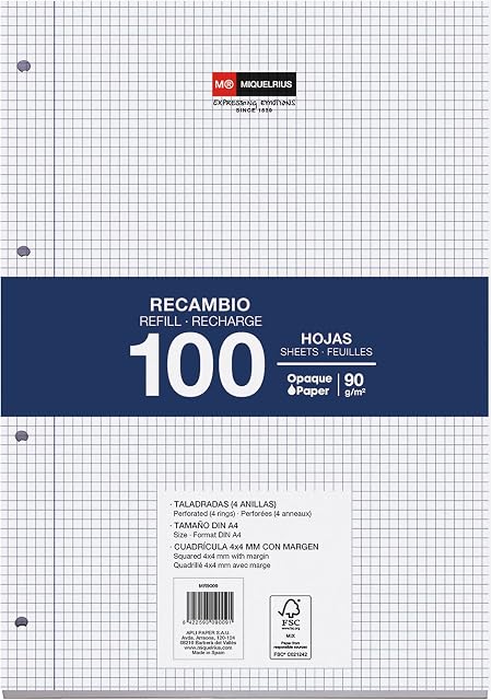 Miquel Rius Miquelrius opakowanie uzupełniające, 100 arkuszy, w kratkę 4 mm i brzeg. Format A4, 4 otwory, papier 90 g, biały