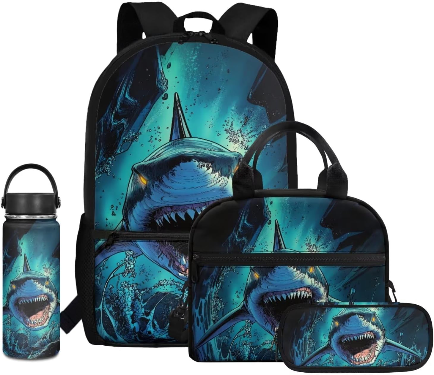 Dolyues Shark Print Boys Backpack and Lunch Box Set Cool Big Boys Backpack 4 in 1 Bookbag for Teen Boys with Lunch Box Pencil Case Water Bottles for Middle School Daypack School Bag