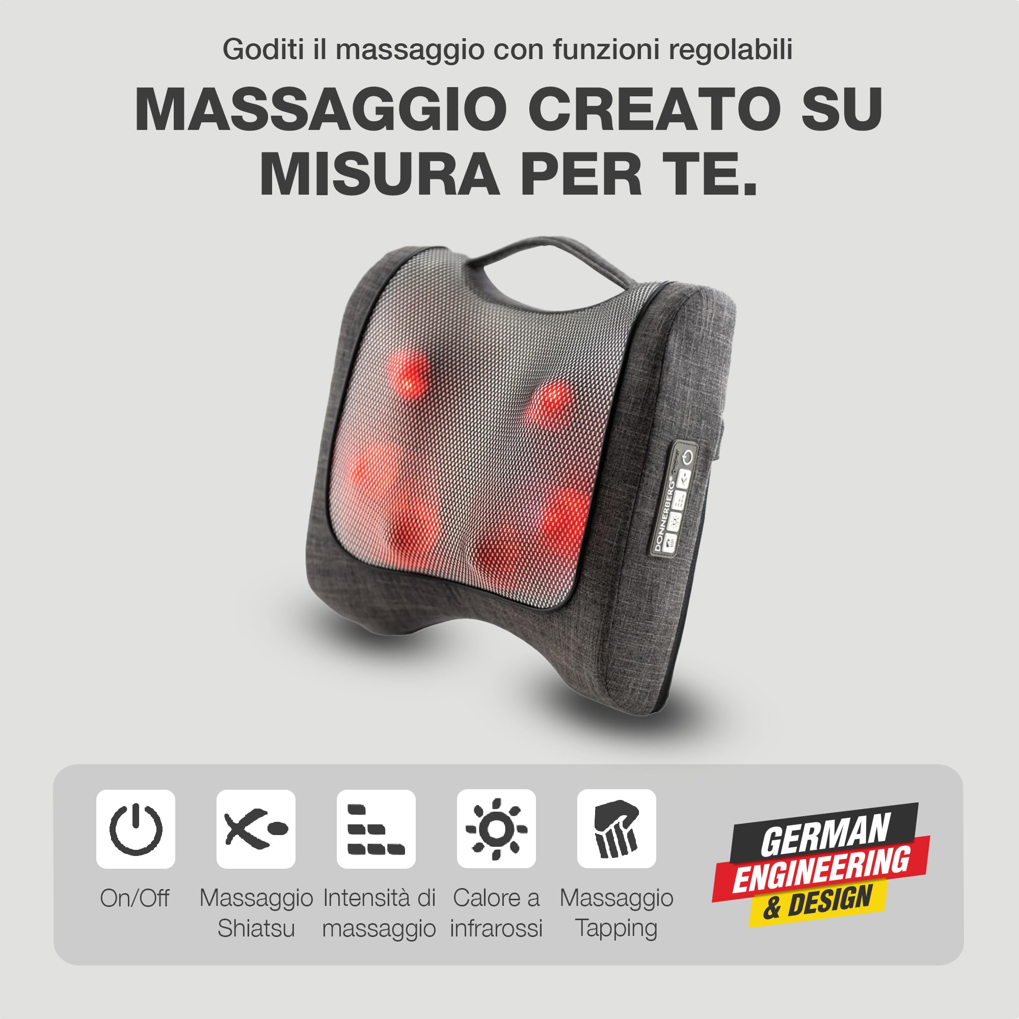 Massaggiatore per schiena 4D Donnerberg L’Originale-Qualità tedesca-Cuscino massaggiante-Ideale per casa, ufficio,auto-Profondo rilassamento-Shiatsu tapping e Infrarossi-10 testine massaggianti