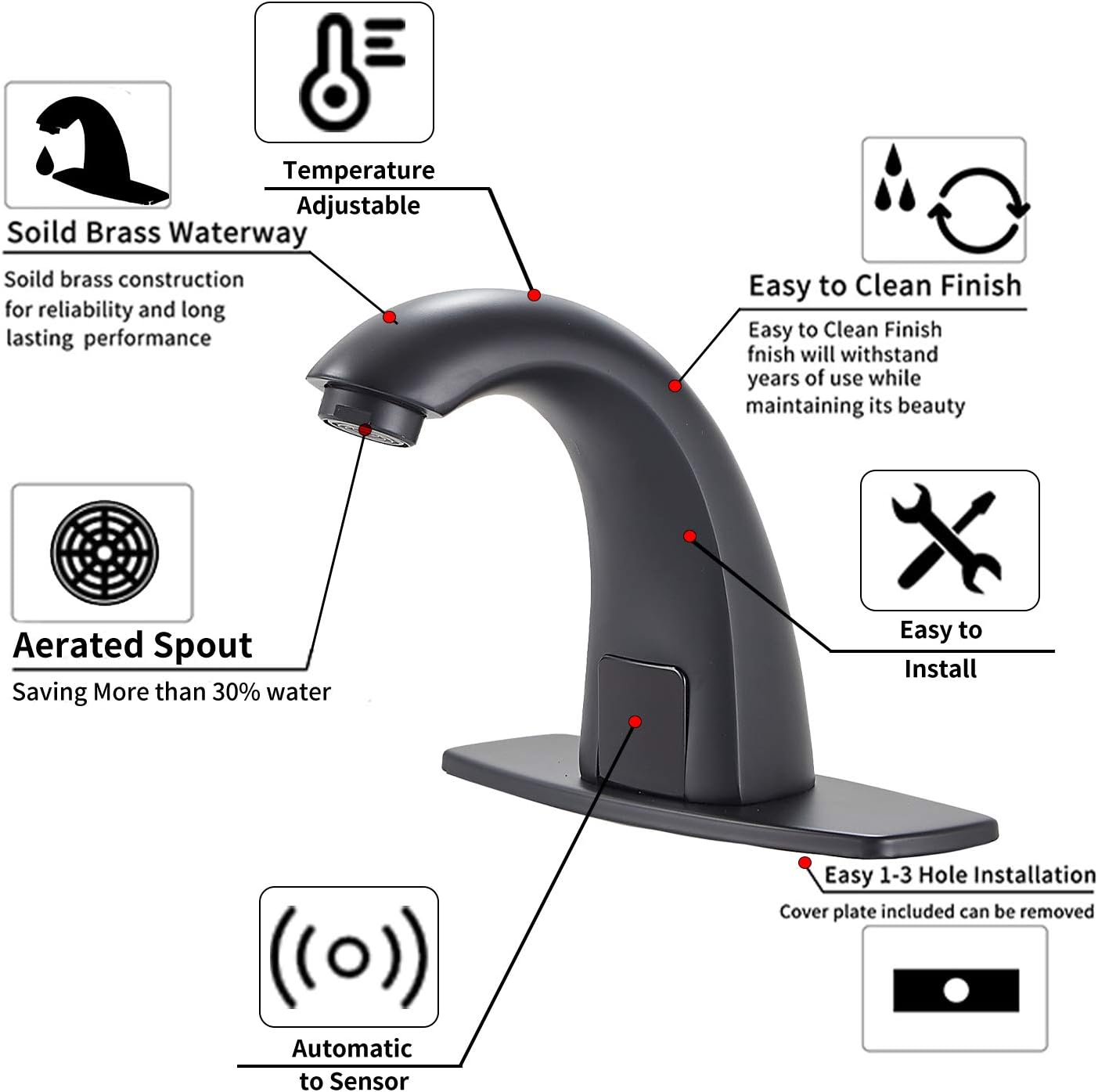 🛒 Crazy Deals YBlucklly Matte Black Automatic Sensor Touchless Bathroom Sink Faucet with Hole Cover Plate DC Powered Sensor Hands Free Bathroom Tap Black Vanity Faucets