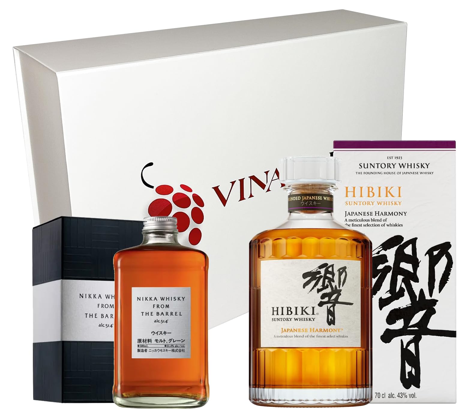VINADDICT Coffret Cadeau Whiskys Japonais - Hibiki Harmony 70cl et Nikka From the Barrel 50cl, 2 Bouteilles, Coffret Blanc Aimanté