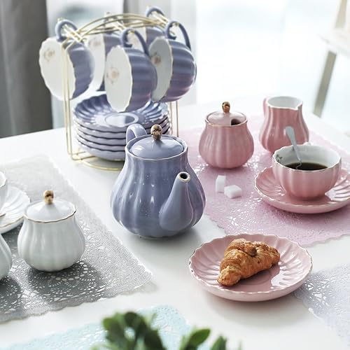 Miniatura 6 de Sweejar Juegos de Té de Porcelana Serie British Royal, Tazas y Platillos de 8 OZ para Servicio de 6, con Tetera Azucarero Jarra de Crema Cucharitas