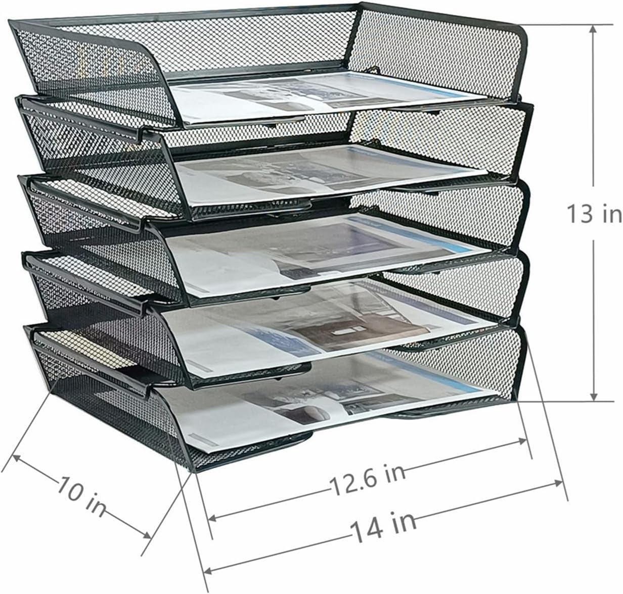 5 Tier Metal Mesh Desk Organizer-Stackable Letter Trays for Office Supplies,Black File Storage System with Reinforced Edges