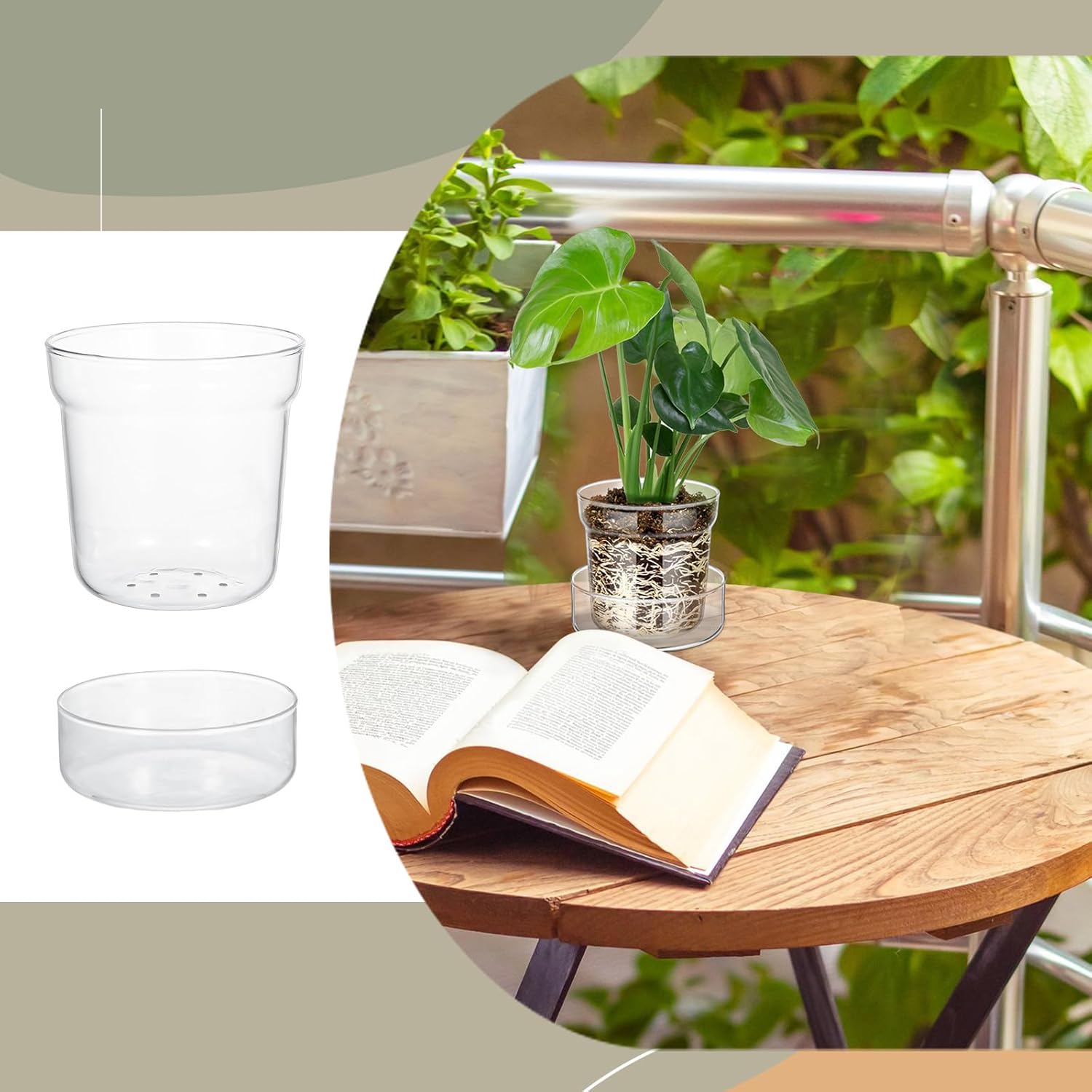 Baderke 6 Inch Glass Plant Pots with Saucer, Flower Nursery Plant Pots with Drainage for Flower Seed Starter Transparent Seedling (1 Set)